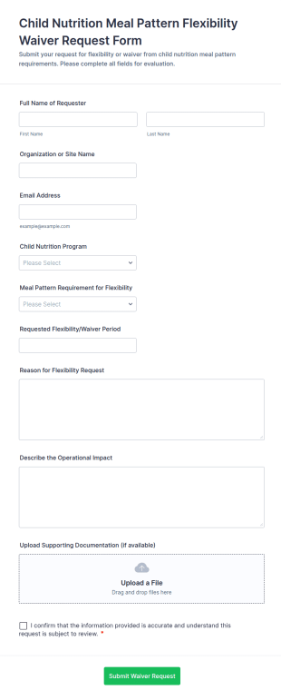 Child Nutrition Meal Pattern Flexibility Waiver Request Form Template