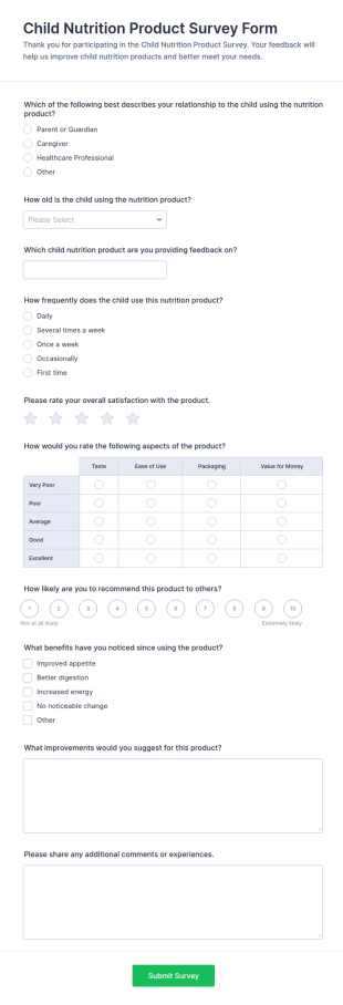 Child Nutrition Product Survey Form Template