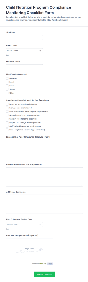 Child Nutrition Program Compliance Monitoring Checklist Form Template