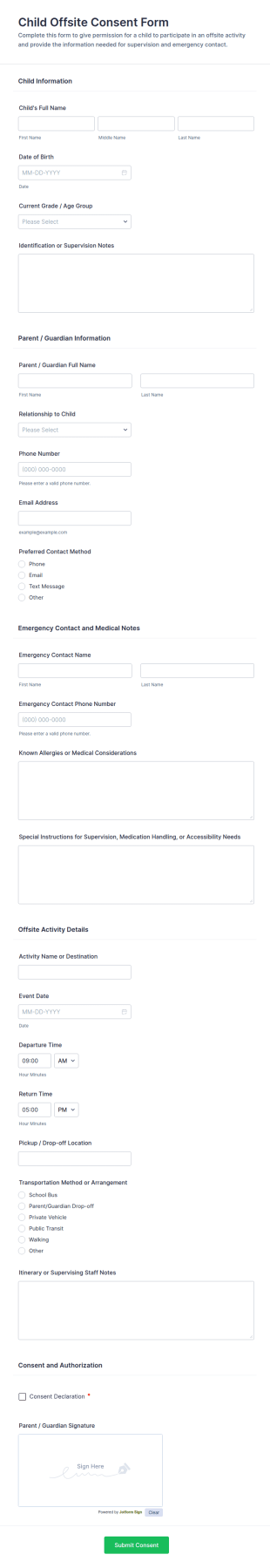 Child Offsite Consent Form Template