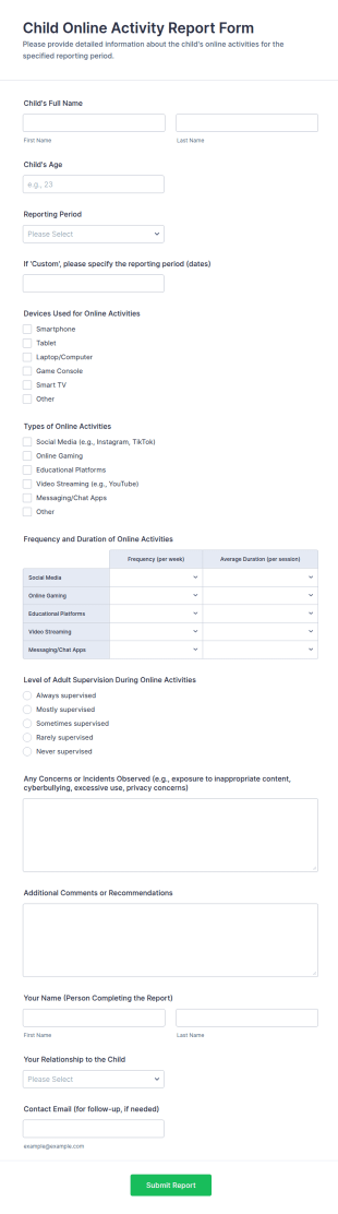 Child Online Activity Report Form Template