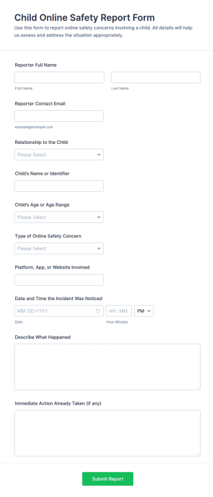 Child Online Safety Report Form Template