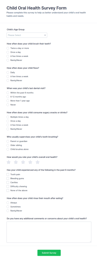 Child Oral Health Survey Form Template