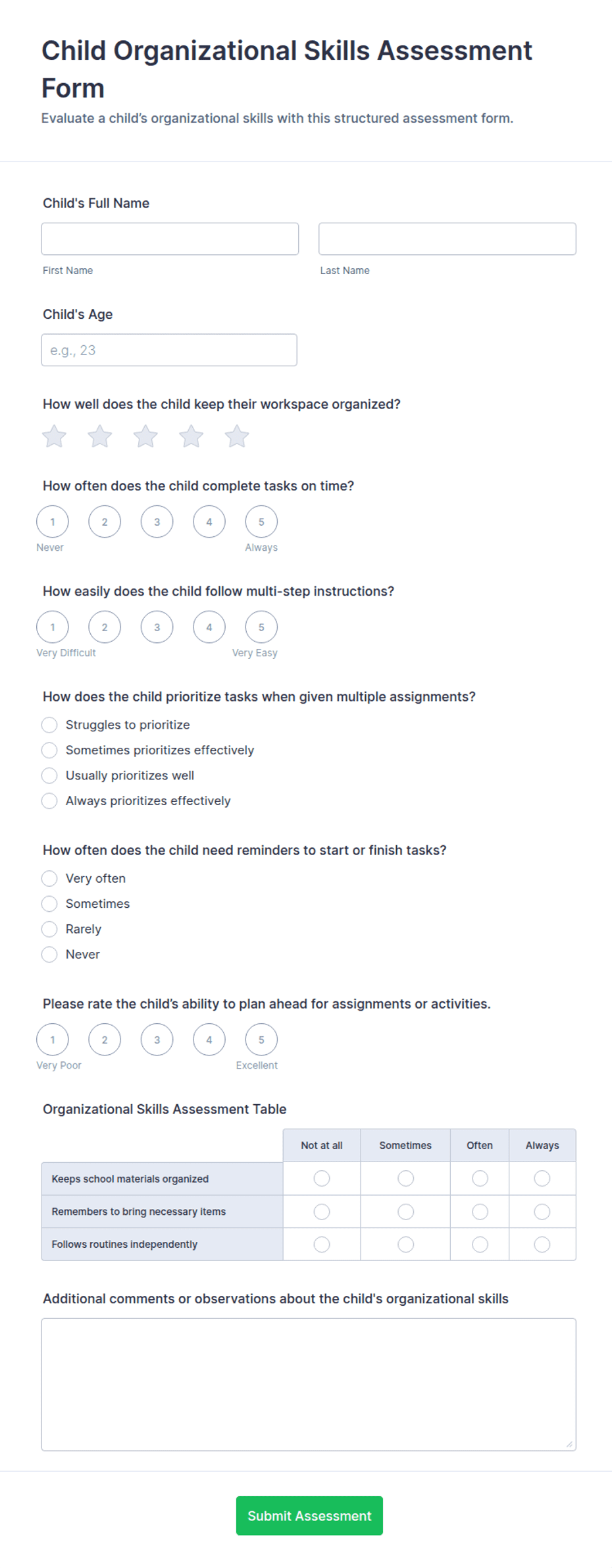 Child Organizational Skills Assessment Form Template | Jotform
