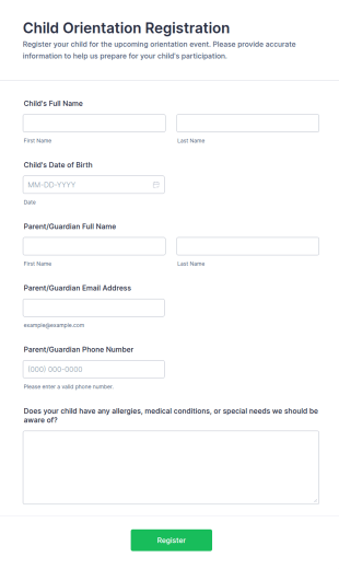 Child Orientation Registration Form Template