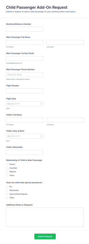 Child Passenger Add On Request Form Template