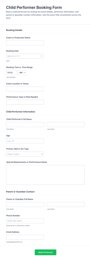 Child Performer Booking Form Template