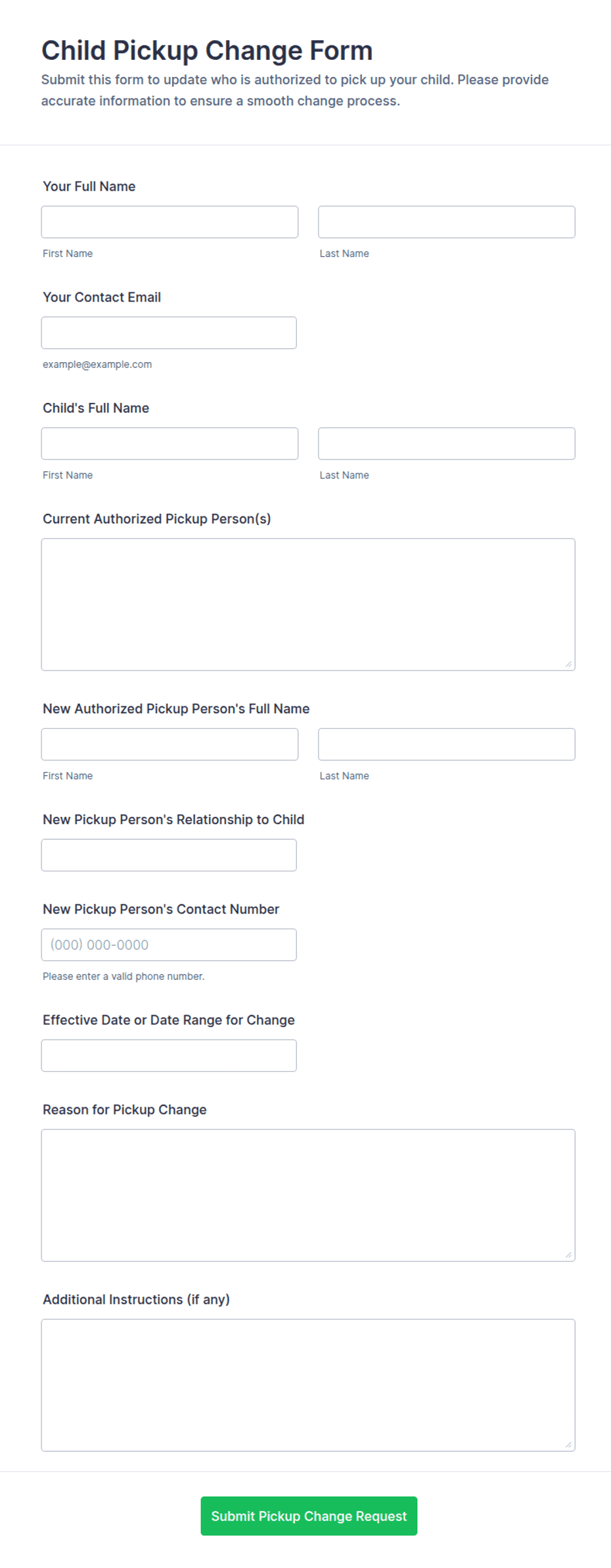 Child Pickup Change Form Template | Jotform