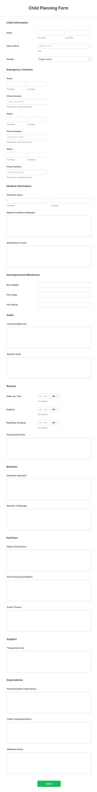 Child Planning Form Template