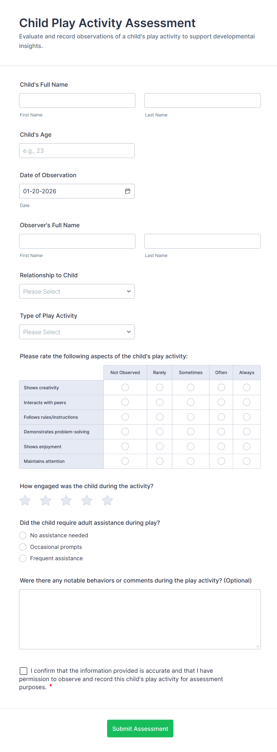 Child Play Activity Assessment Form Template | Jotform