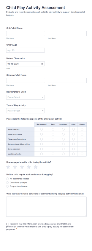 Child Play Activity Assessment Form Template