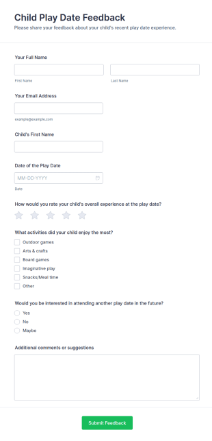 Child Play Date Feedback Form Template