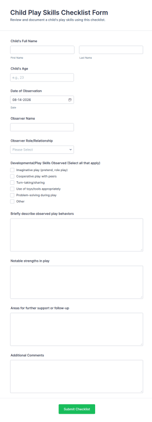 Child Play Skills Checklist Form Template