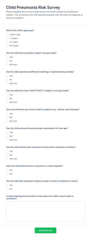 Child Pneumonia Risk Survey Form Template