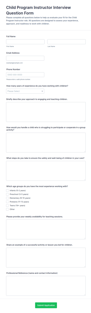 Child Program Instructor Interview Question Form Template
