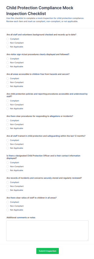 Child Protection Compliance Mock Inspection Checklist Form Template