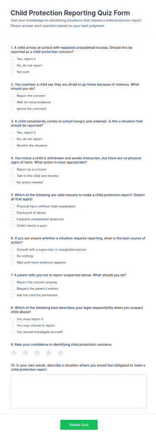 Child Protection Reporting Quiz Form Template