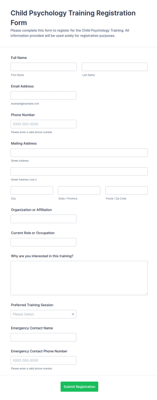Child Psychology Training Registration Form Template