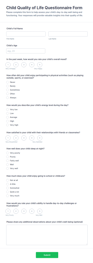 Child Quality Of Life Questionnaire Form Template