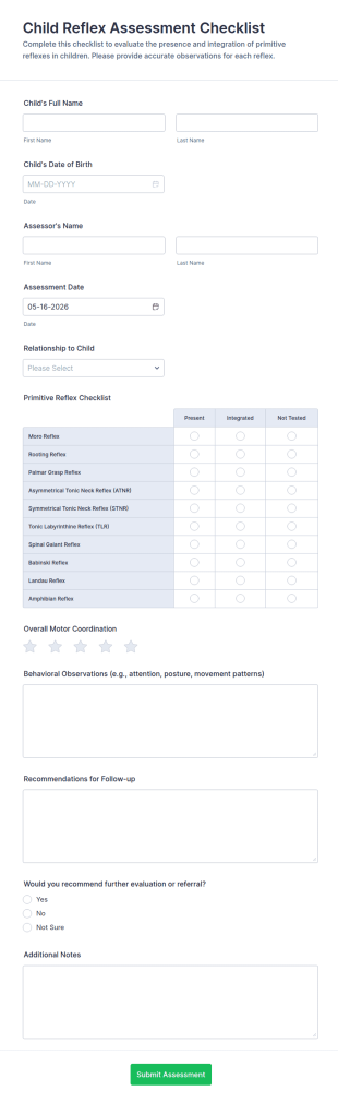 Child Reflex Assessment Checklist Form Template