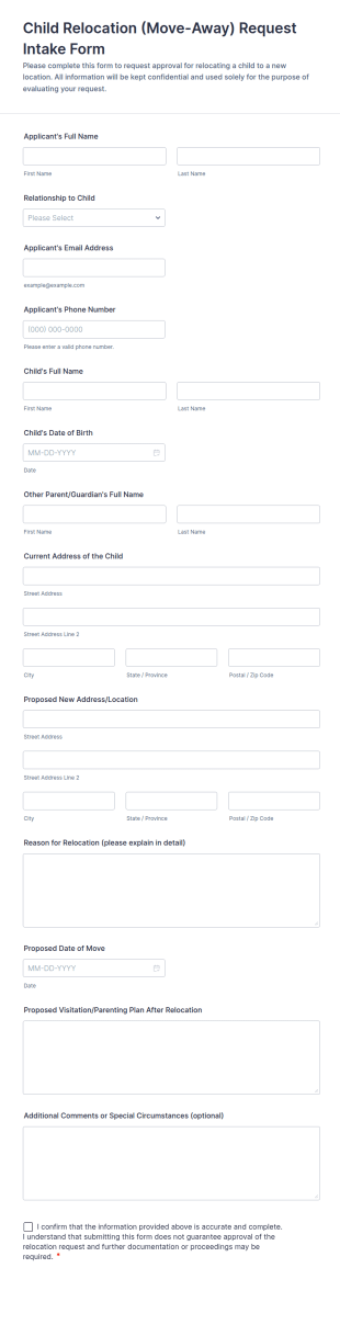 Child Relocation (Move Away) Request Intake Form Template