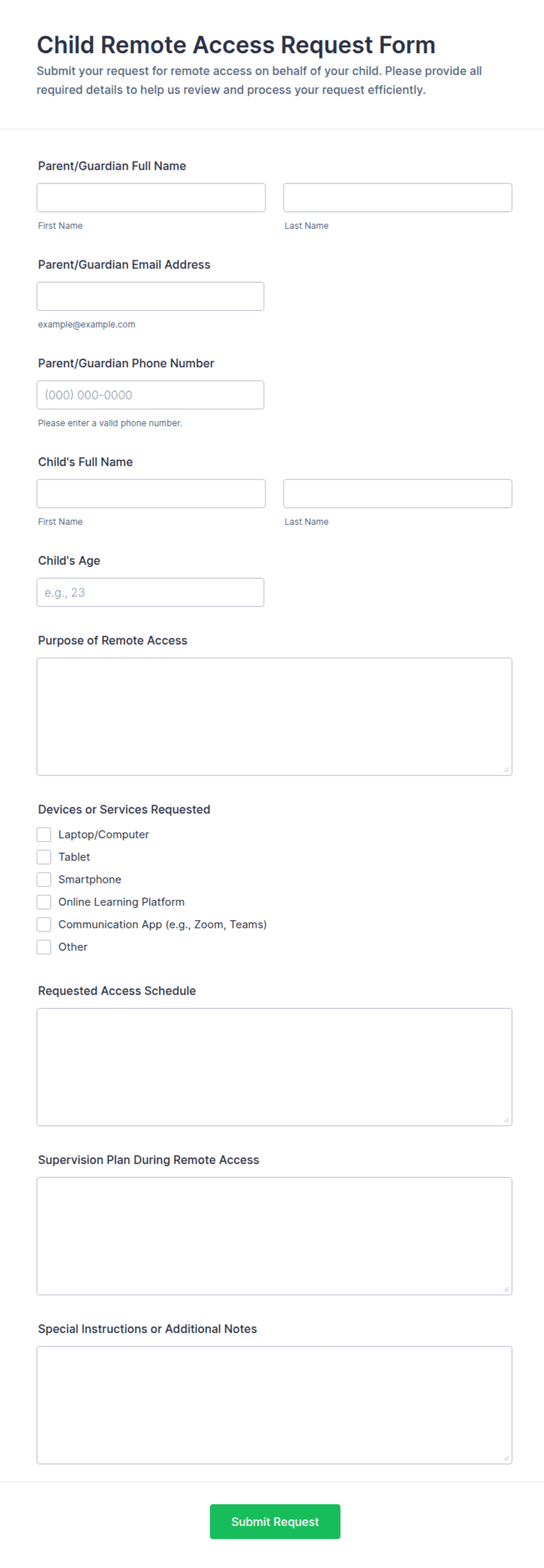 Child Remote Access Request Form Template | Jotform