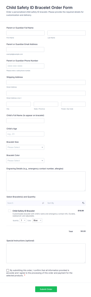 Child Safety ID Bracelet Order Form Template