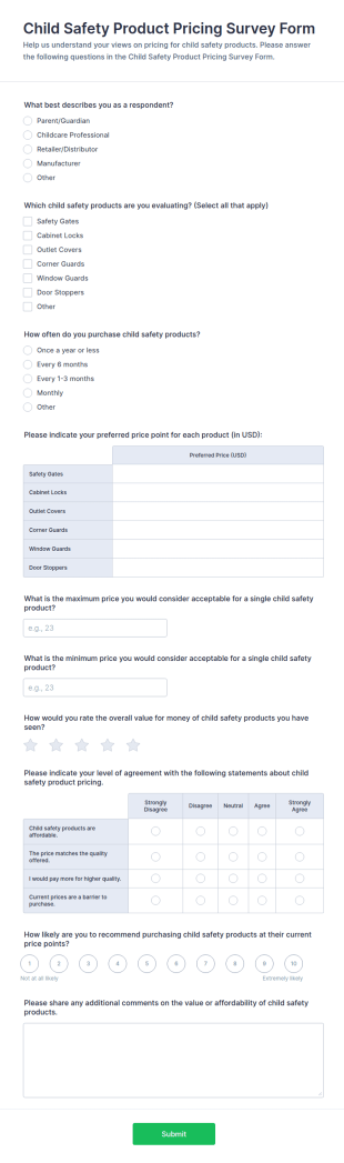 Child Safety Product Pricing Survey Form Template