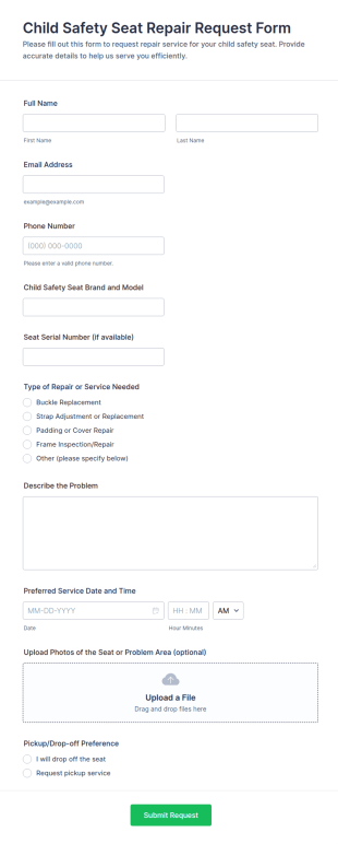 Child Safety Seat Repair Request Form Template