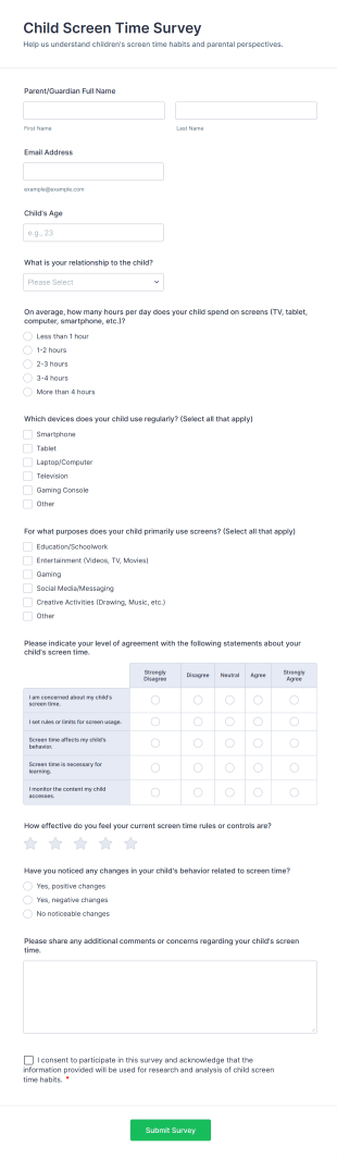 Child Screen Time Survey Form Template