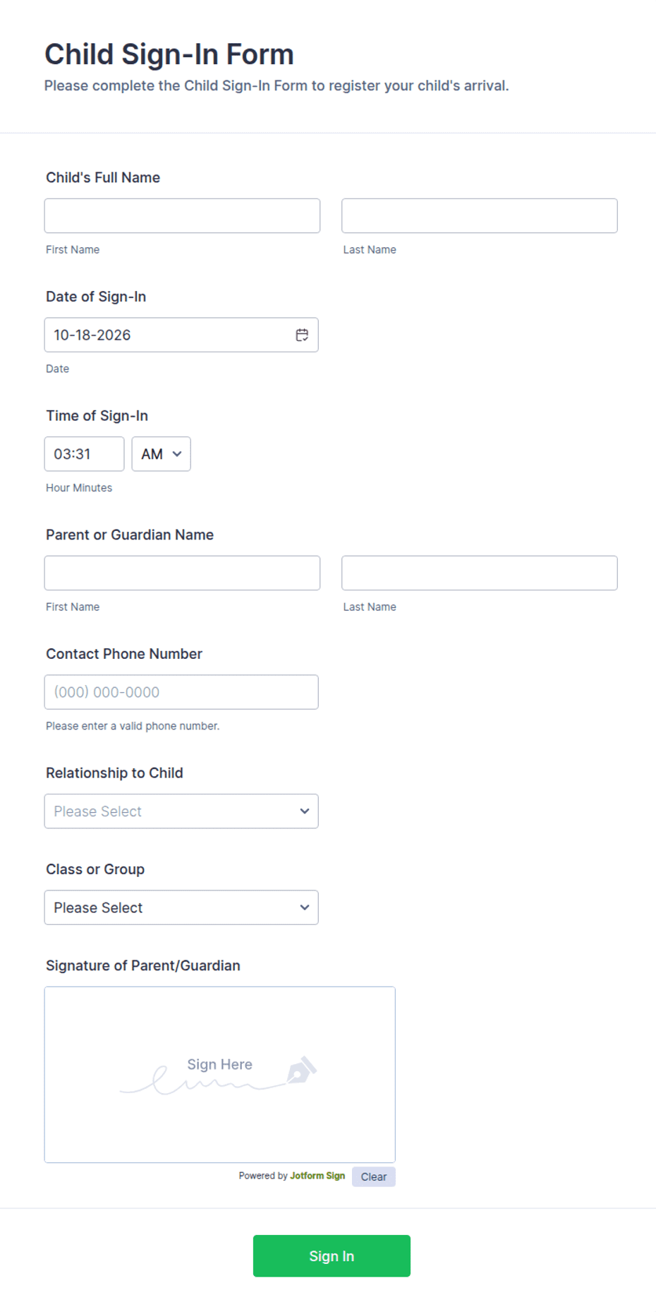 Child Sign-In Form Template | Jotform
