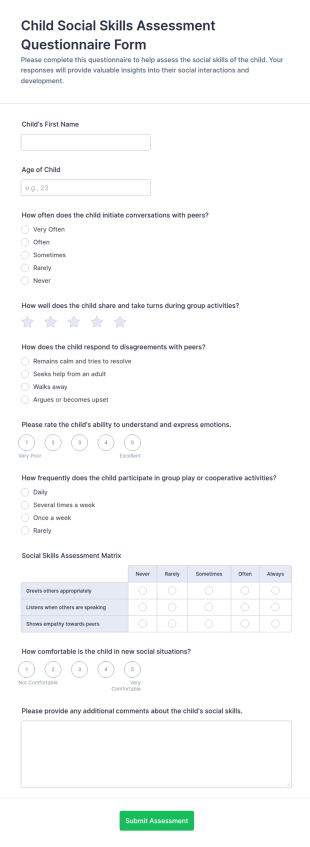 Child Social Skills Assessment Questionnaire Form Template