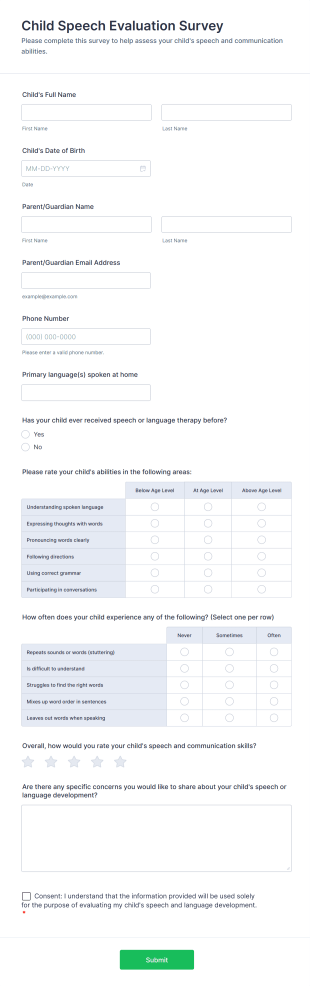 Child Speech Evaluation Survey Form Template