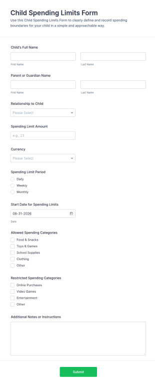 Child Spending Limits Form Template
