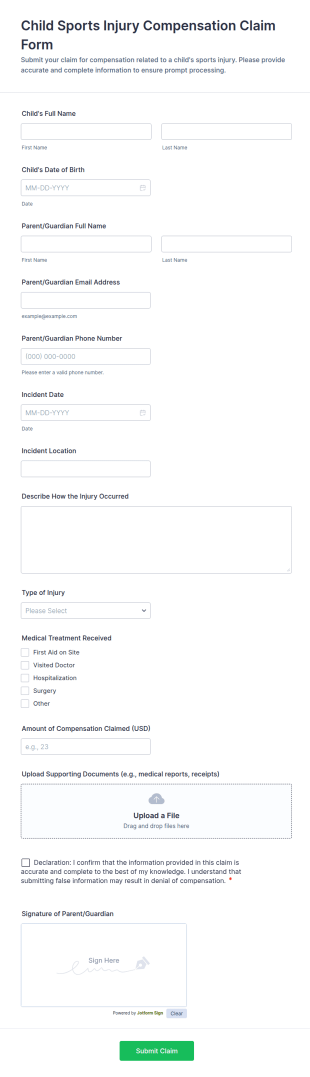 Child Sports Injury Compensation Claim Form Template