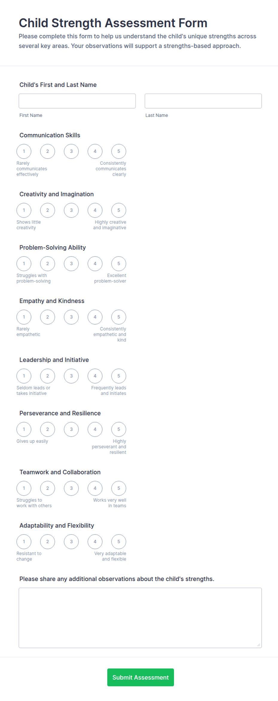 Child Strength Assessment Form Template | Jotform