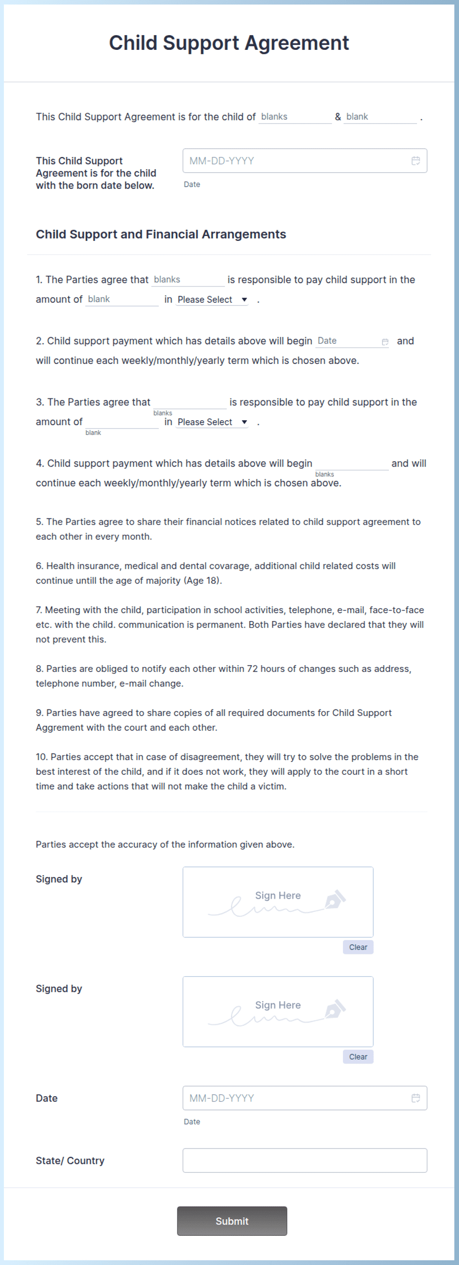 Child Support Agreement Form Template Jotform