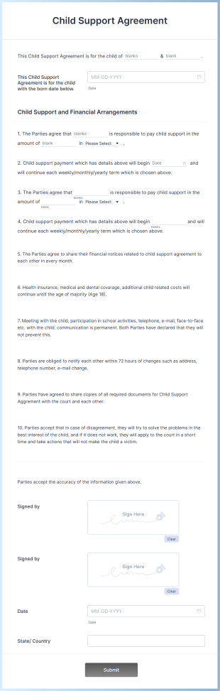 Child Support Agreement Form Template