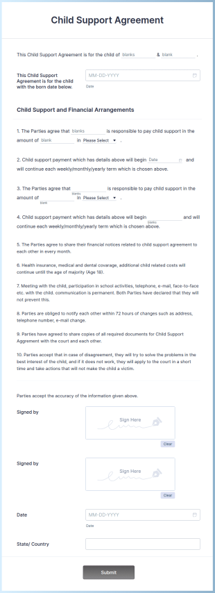 Child Support Agreement Form Template