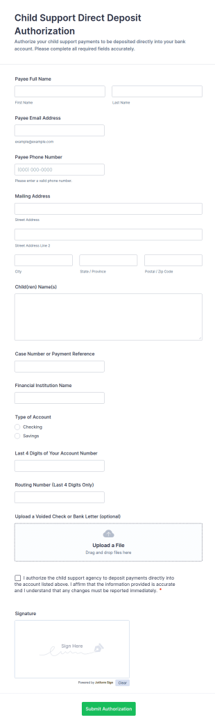 Child Support Direct Deposit Authorization Form Template