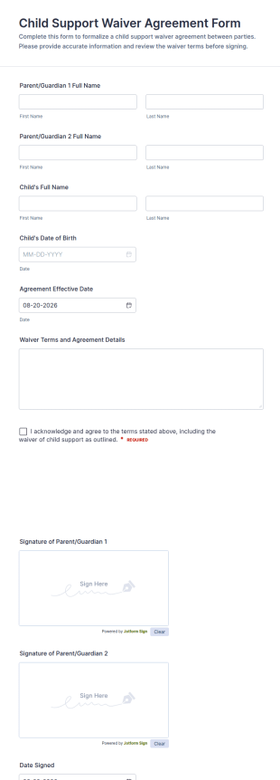 Child Support Waiver Agreement Form Template