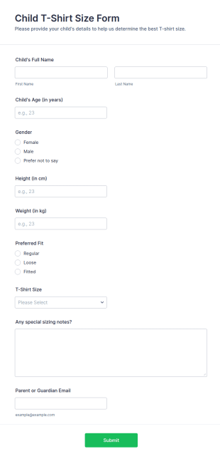 Child T Shirt Size Form Template