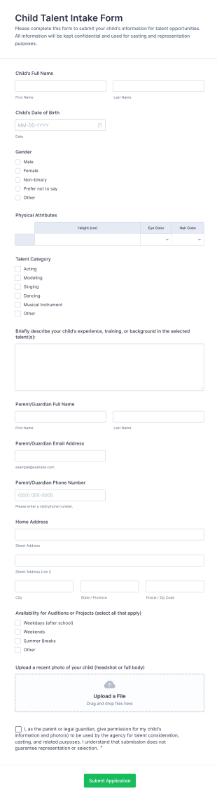 Child Talent Intake Form Template