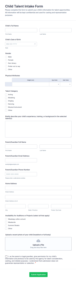 Child Talent Intake Form Template