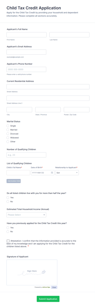 Child Tax Credit Application Form Template