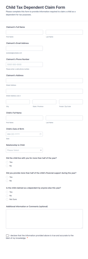 Child Tax Dependent Claim Form Template