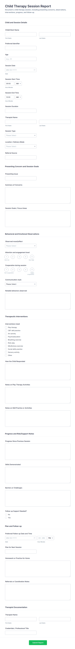 Child Therapy Session Report Form Template