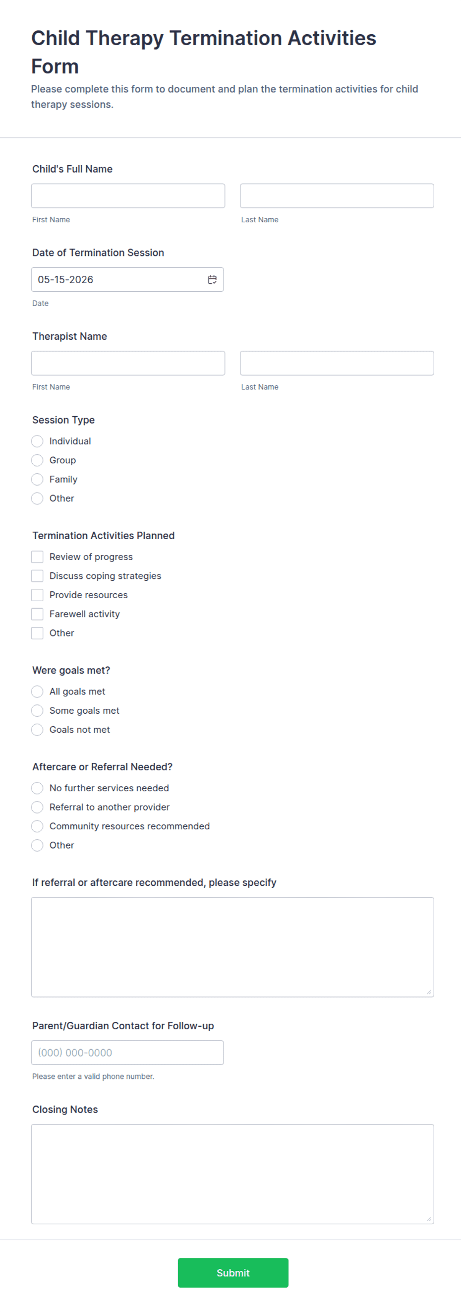 Termination Session Questionnaire.pdf Child Therapy Termination Activities Form Template | Jotform
