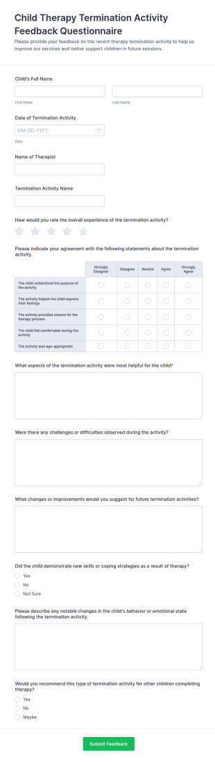 Child Therapy Termination Activity Feedback Questionnaire Form Template