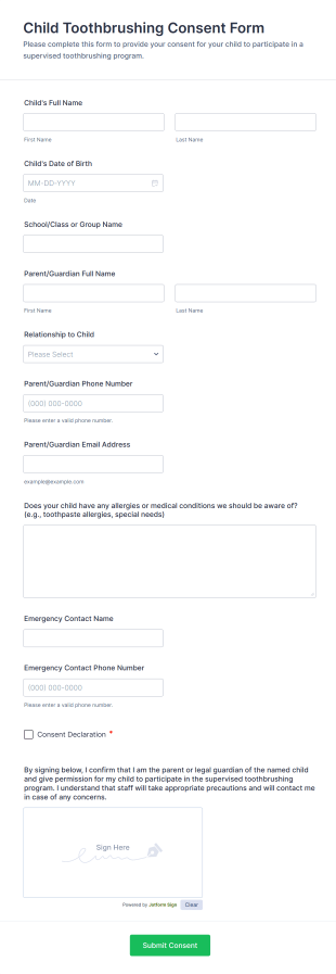 Child Toothbrushing Consent Form Template